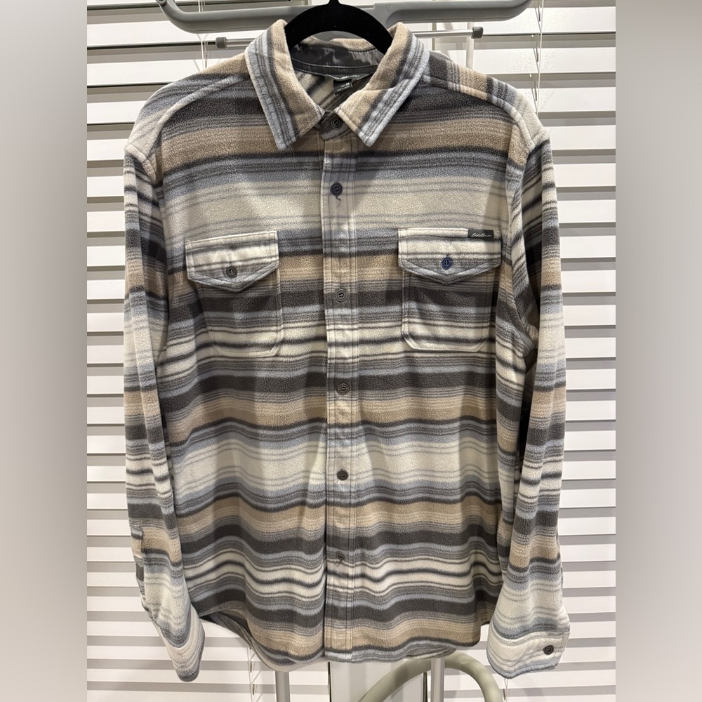 Eddie Bauer Men's Striped Gray and Tan Button Down Shirt